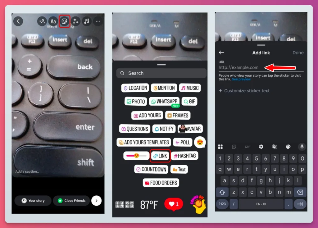 Screenshot showing Instagram Story editor with Link sticker and URL field as a part of how to put a link on Instagram story.