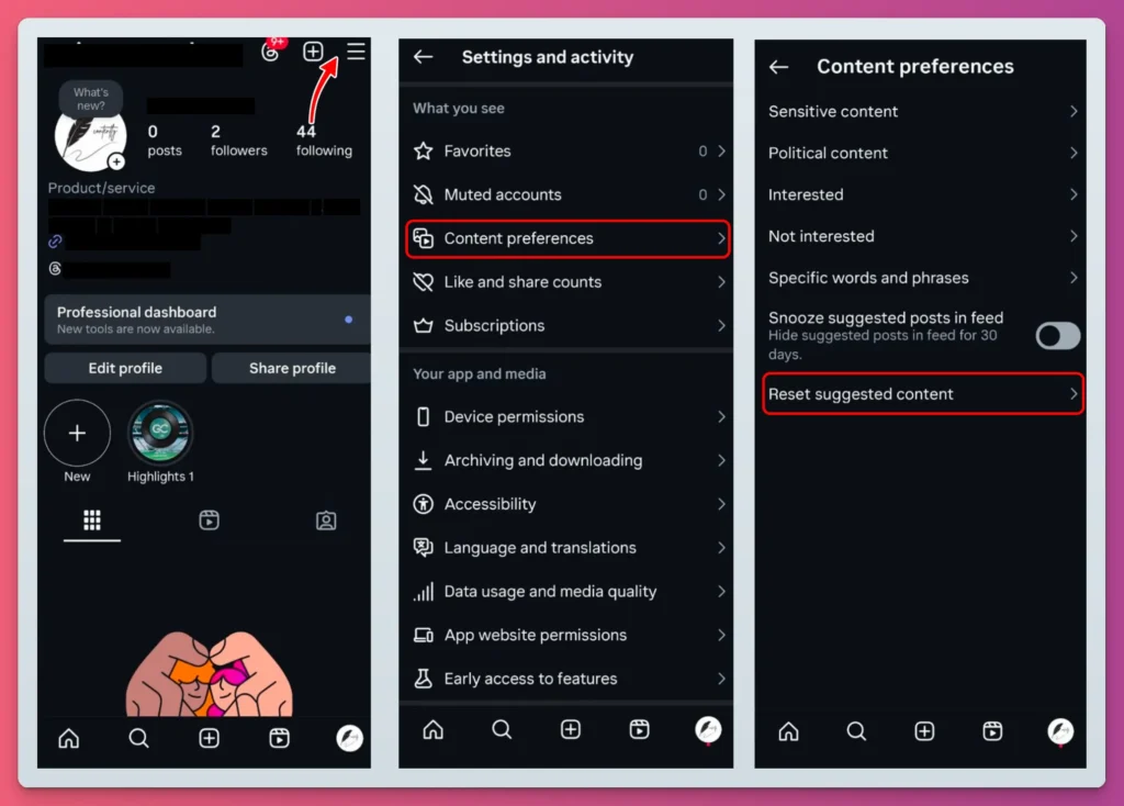 Screenshots showing how to reset Instagram's algorithm by going to your profile, Content preferences, and choosing Reset suggested content.