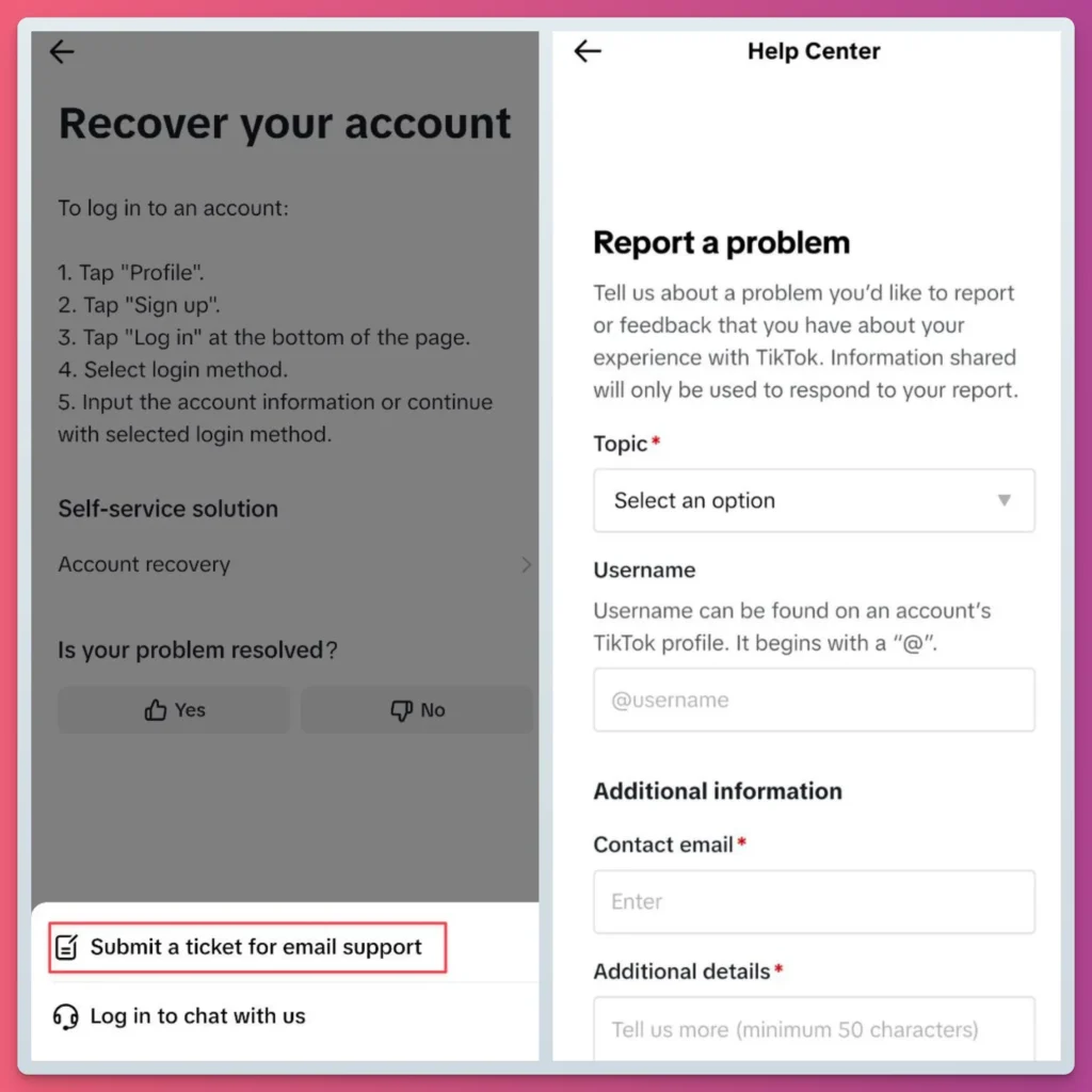 The TikTok help center showing how to submit a support ticket or report a problem for TikTok account recovery