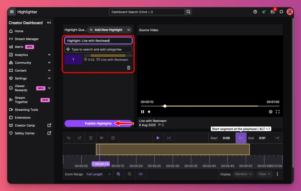 You can hit Publish Highlights to save your Twitch video straight from the Video Producer.
