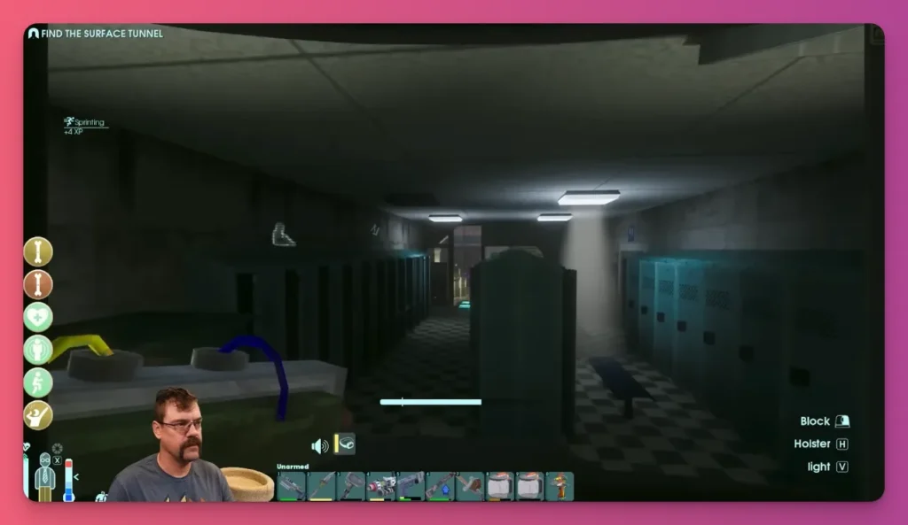 A screenshot from Abiotic Factor showing a player lurking in a dark locker room. One of the best multiplayer games on PC