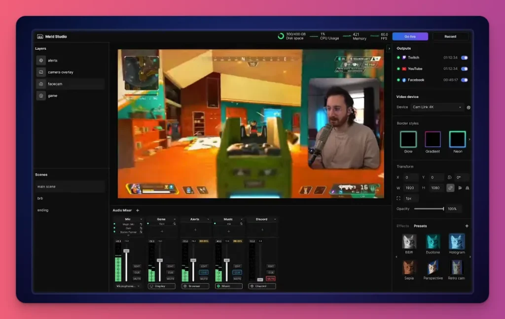 A screenshot of MeldStudio, a good alternative to OBS Studio