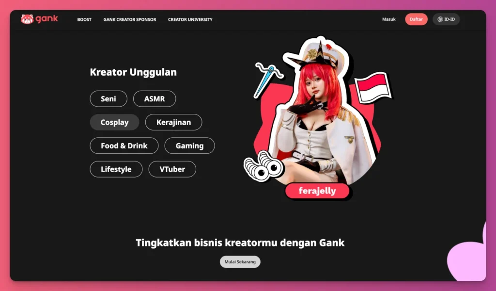 Cosplay adalah salah satu niche dari content creator di Gank