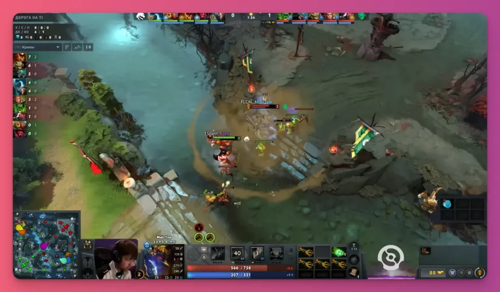 Dota 2 gameplay screenshot showing a top-down view of a battle near a river. One of the good multiplayer games to play