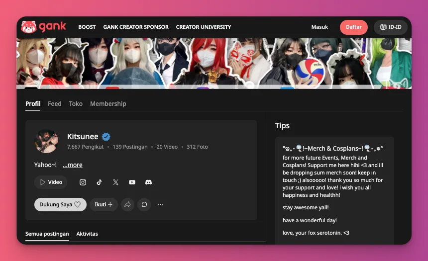 Halaman profil Gank dari Kitsunee