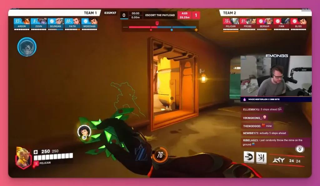 Overwatch gameplay screenshot with a live streamer and chat in the corner