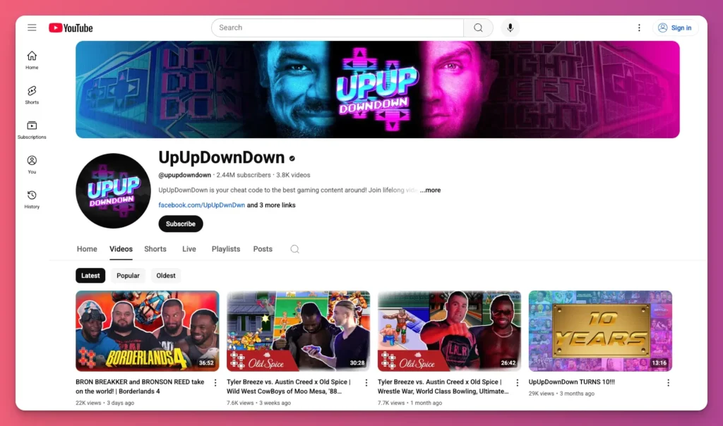 Screenshot of YouTube channel UpUpDownDown, showing a unique gaming niche featuring WWE stars
