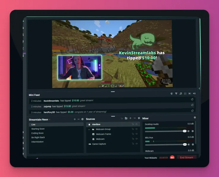 Screenshot of the Streamlabs dashboard, highlighting a live stream and chat, a powerful OBS alternative