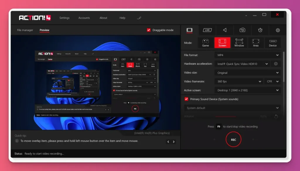 The user interface of Action! software, a screen recorder and a decent OBS alternative.