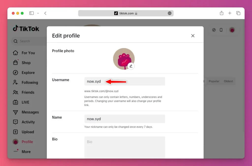 How to change name on TikTok? On the Profile page, look for Username field