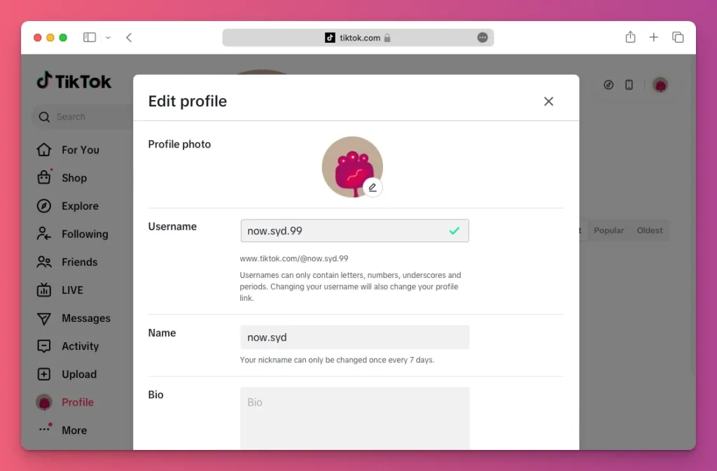 Type in your new TikTok username in and make sure you have the green check mark