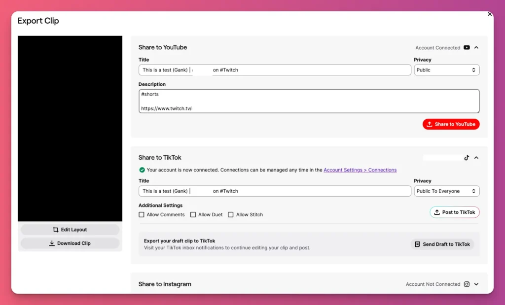 After you have your clip ready, you can share it to your social media platforms