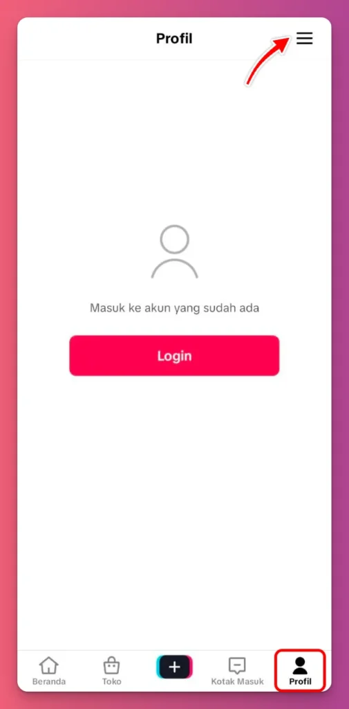 Cara mengembalikan akun TikTok dengan nama pengguna diawali dengan masuk ke menu pengaturan