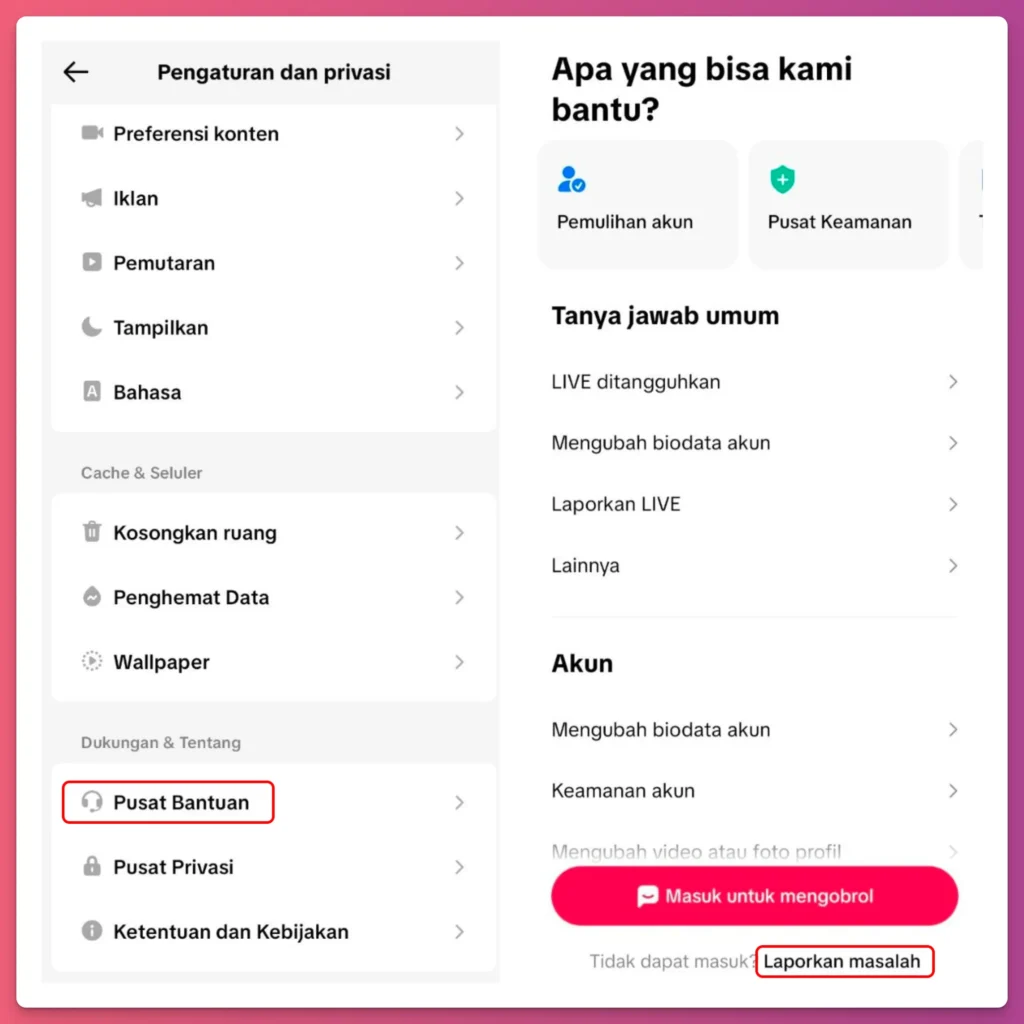 Kalau kesulitan pakai cara masuk akun TikTok lama, laporkan saja sebagai masalah