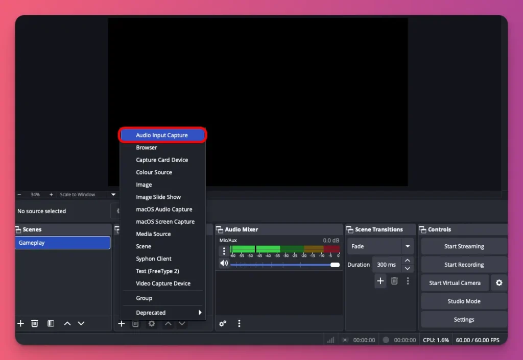 Add Audio Input Capture in OBS Studio to record gameplay on PC with mic and voice settings