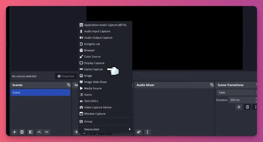 Add Game Capture source in OBS Studio to record gameplay on PC with custom scene setup