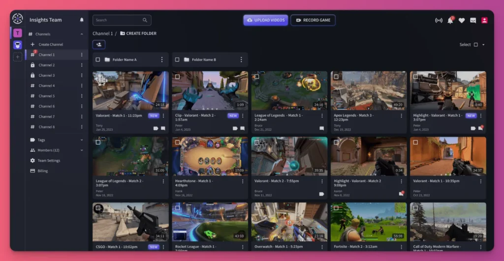 Insights.gg clipping software dashboard for organizing team gameplay videos