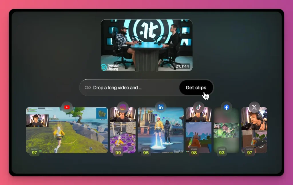 Opus Clip interface as one of the clipping apps that uses AI to extract high-score social media clips from long videos