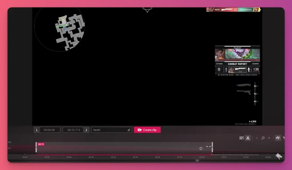 Outplayed clipping software interface showing Valorant death recap, combat report, and timeline for instant clip creation