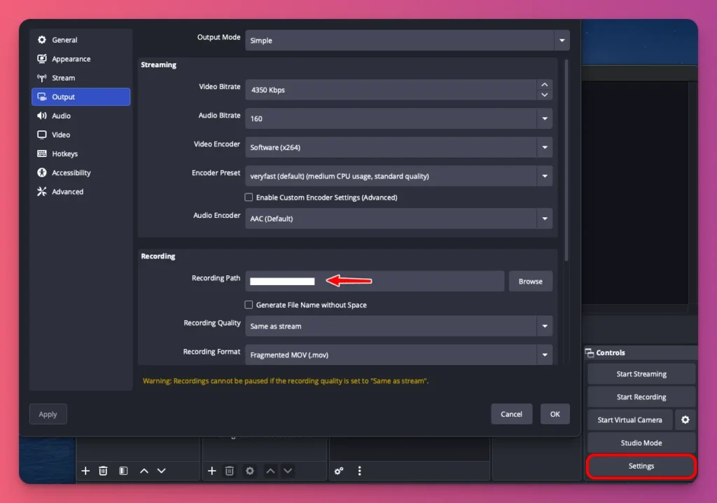 Set OBS recording path outside C drive to record gameplay on PC without lag or storage issues