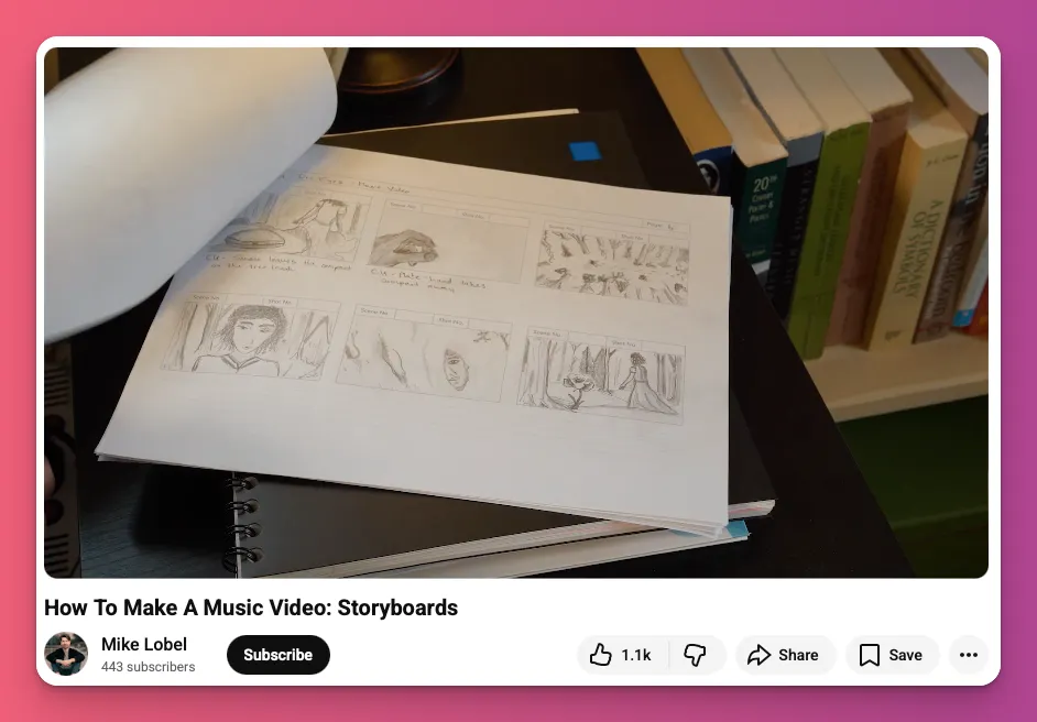 Hand-drawn music video storyboard frames on a desk, a key video editing tip for planning shot sequences and pacing