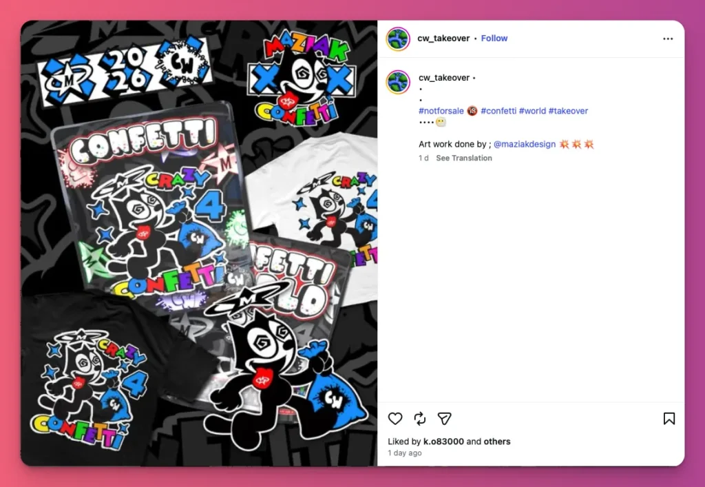 Instagram post showing Confetti streetwear with a cartoon cat with Not For Sale hashtag