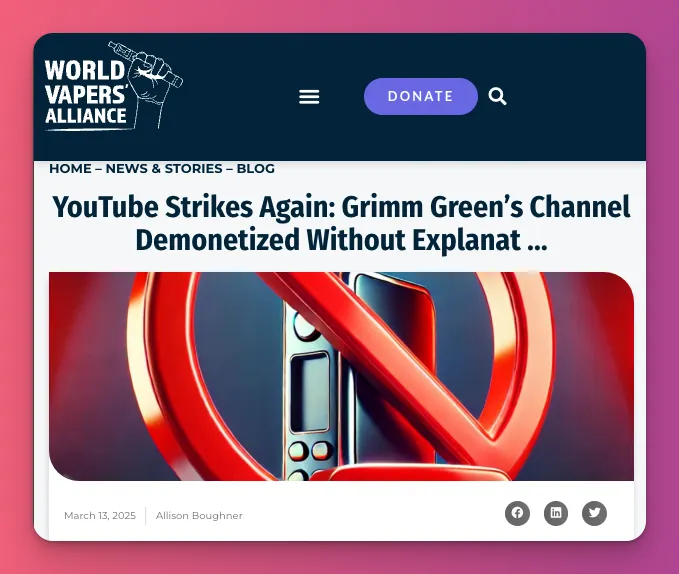 News headline about YouTube demonetization of Grimm Green's vape channel without explanation