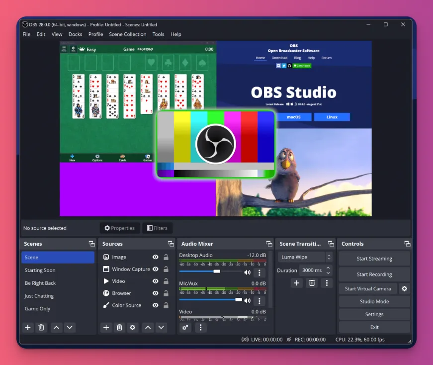 Tampilan utama OBS Studio dengan scene browser, window capture dan fitur lain