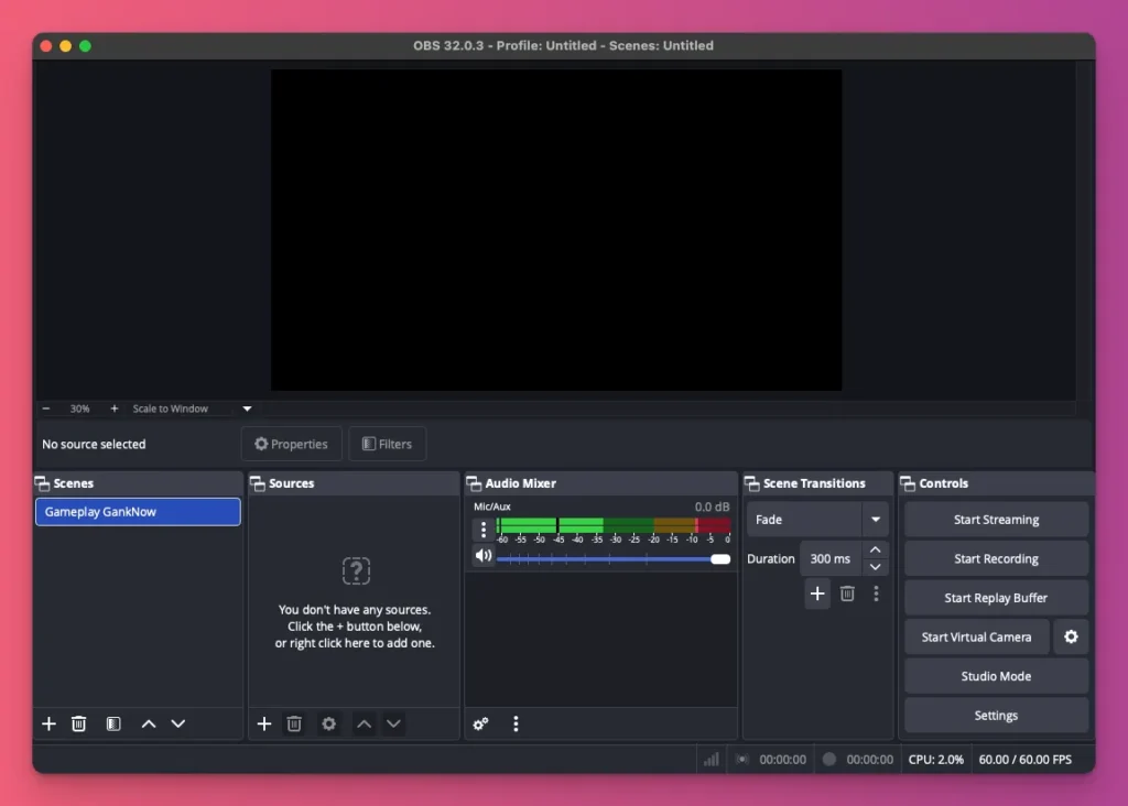 Tampilan utama OBS Studio dengan tombol Start Streaming untuk bisa tampil live di banyak platform