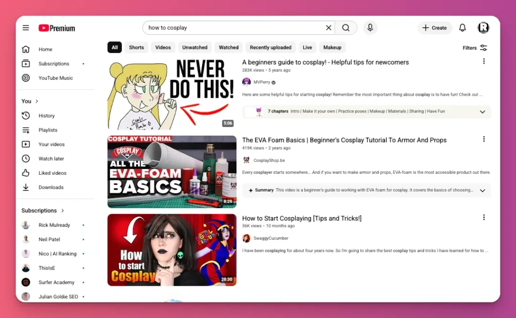 The recommendation of the algorithm on YouTube also show on the search result