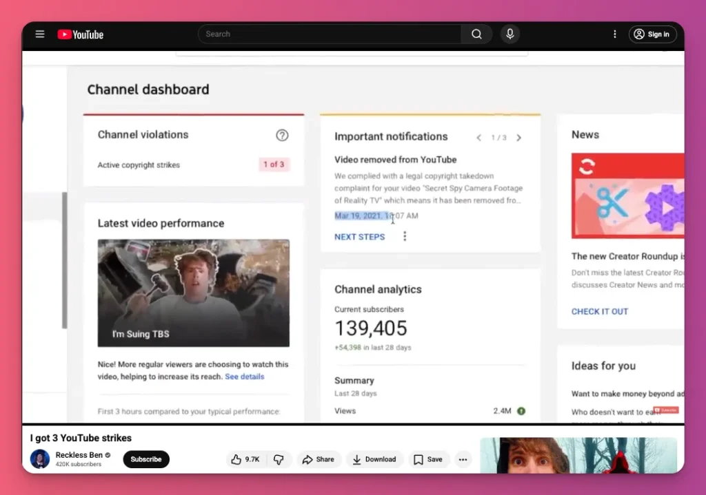 YouTube dashboard showing copyright strike and video removal linked to demonetization risk