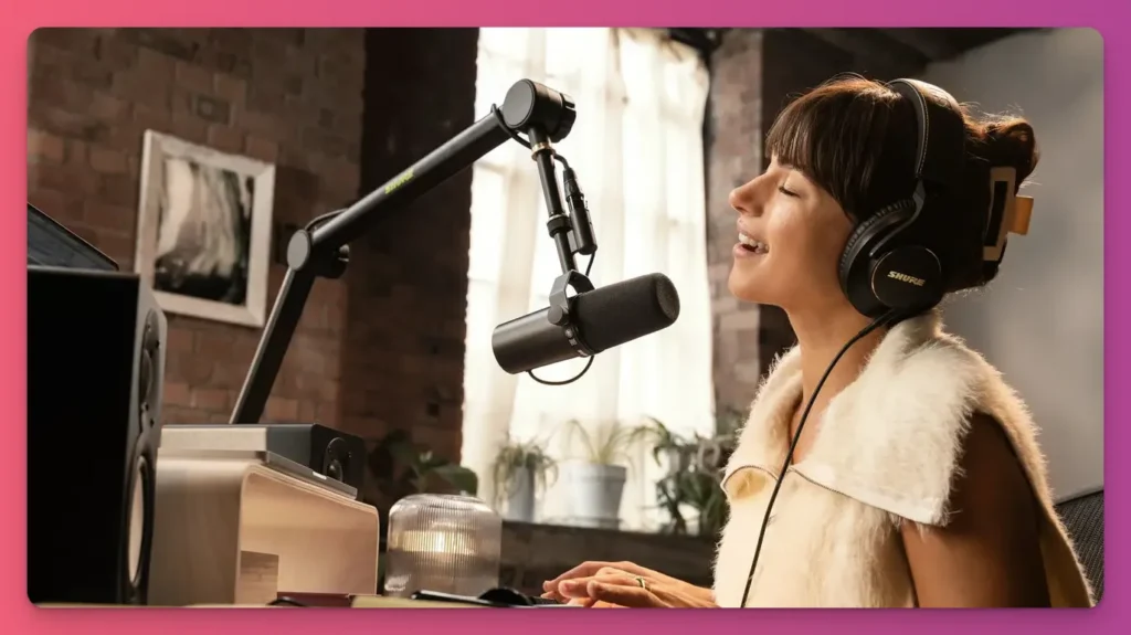 Shure SM7B cardioid dynamic microphone with yoke mount and windscreen