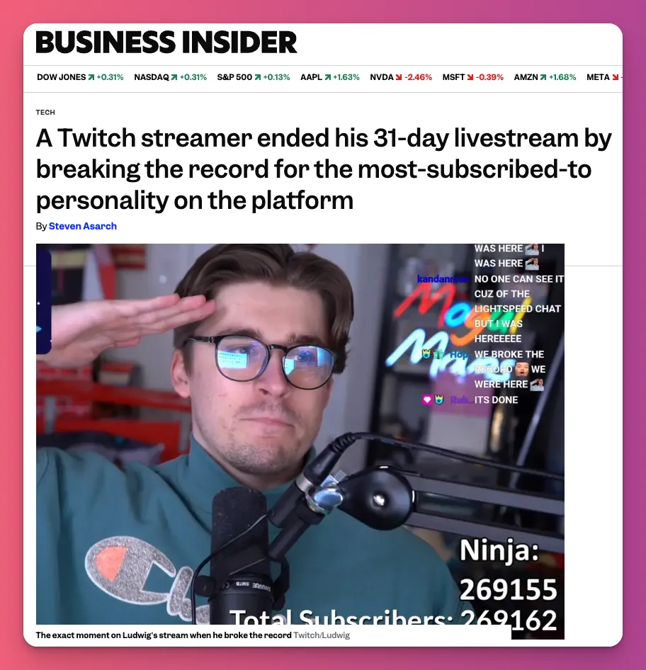 Tampil live selama 31 hari membuat Ludwig terkenal karena memecahkan rekor subscriber dengan subathon keren