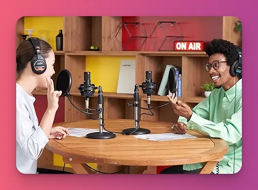 Two Sony C-80 condenser microphones in a podcast studio